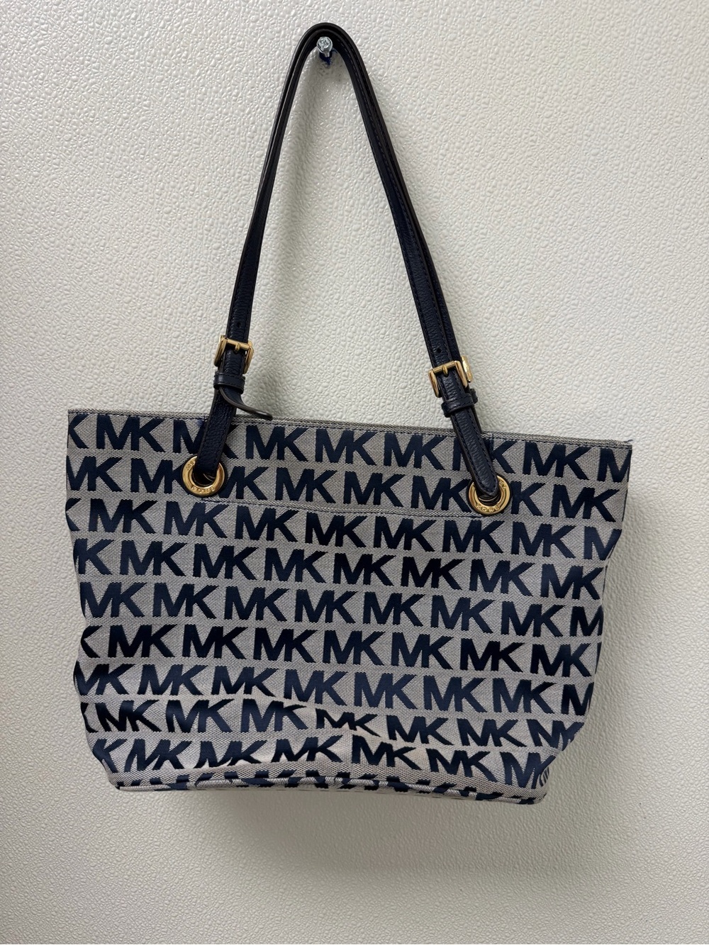 Michael Kors Navy and Beige MK Logo Shoulder Tote